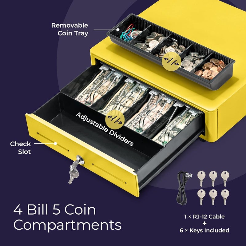 Volcora Cash Register Drawer for (POS) Point of Sale System with Round Corner 13", Removable Coin Tray, 4 Bill/5 Coin, 12-24V, RJ11/RJ12 Key-Lock, Media Slot,Cash Till, for Business, Yellow - Image 3